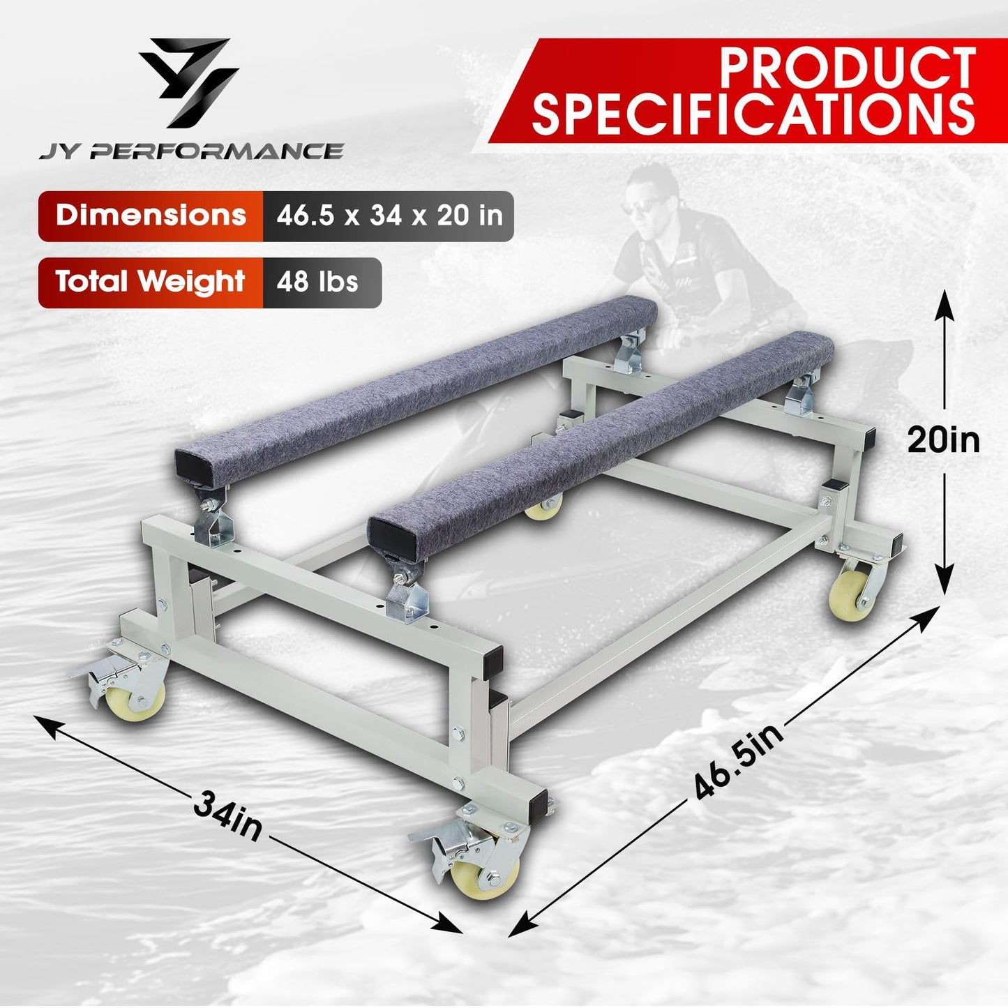 JY PERFORMANCE Watercraft PWC Dolly Boat Stand Storage Trailer Cart Dock Slipway Cart Adjustable Bunks W/ 4 Casters and 2 Brakes Carpeted to Prevent Scratch 1000lb Capacity