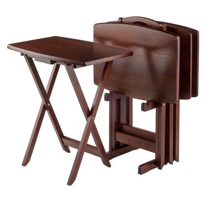 Winsome Darryl Set of 4 Oversized Foldable Snack Tables with Storage Rack, 26" in Walnut, Easy to Store Portable Fold Up Table Set for Kitchen, Living Room TV Dining, Crafts, Puzzles, Work From Home