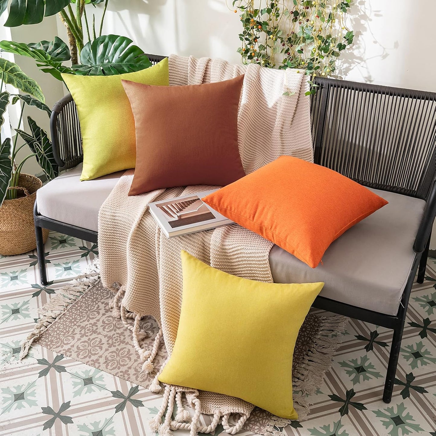 MIULEE Decorative Outdoor Throw Pillow Covers - Waterproof Faux Linen Cushion Cases | 26x26 Inch Orange, Set of 2