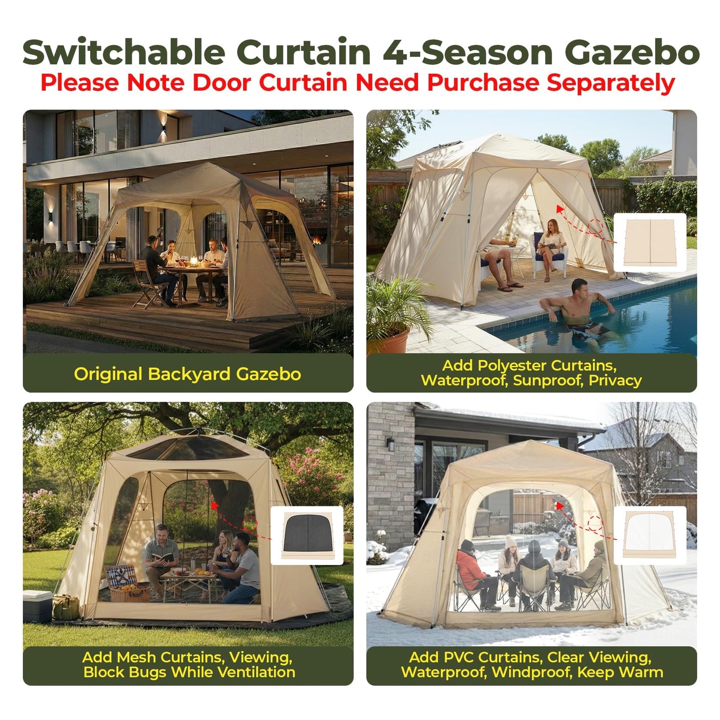 Alvantor 12' x 12' Pop Up Gazebo, All Weather 4-Season Instant Canopy Tent, UPF 50+ Waterproof Portable Pergola, Compatible with PVC/Mesh/Polyester Curtains for Patio Backyard Deck Garden Poolside