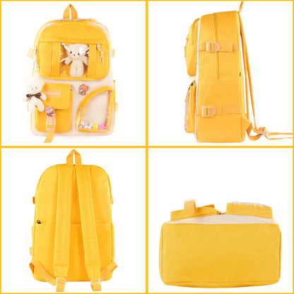 Lifelix Kawaii Backpack for Girls 5 Pcs School Bookbag Cuet Kids Schoolbag with Accessories Crossbody Bags Pencil Case Handbag Coin Purse (Yellow)