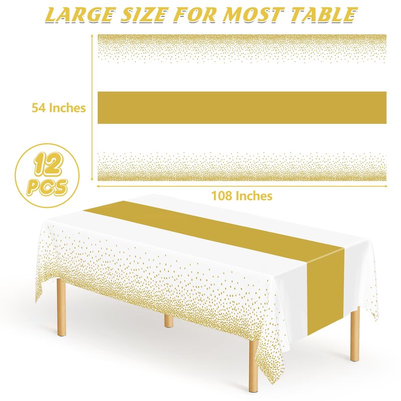 QZYL 12Pack Table Cloth Rectangle Tables, 54" x 108" Disposable Party White Table Cloths with Gold Dot, Waterproof Table Covers for Birthday Outdoor Wedding New Year Eve Birthday Decorations Supplies