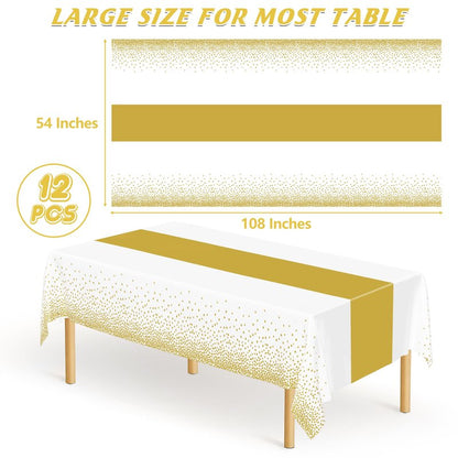 QZYL 12Pack Table Cloth Rectangle Tables, 54" x 108" Disposable Party White Table Cloths with Gold Dot, Waterproof Table Covers for Birthday Outdoor Wedding New Year Eve Birthday Decorations Supplies