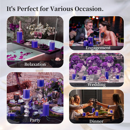 KONNI Violet Pillar Candles Set of 3, 3"x 6" Unscented Pillar Candles Bulk, 56 Hours Long Burning Candles, Smokeless and Dripless Large Round Candle for Wedding, Home Decoration, Parties, Spas, Dinner