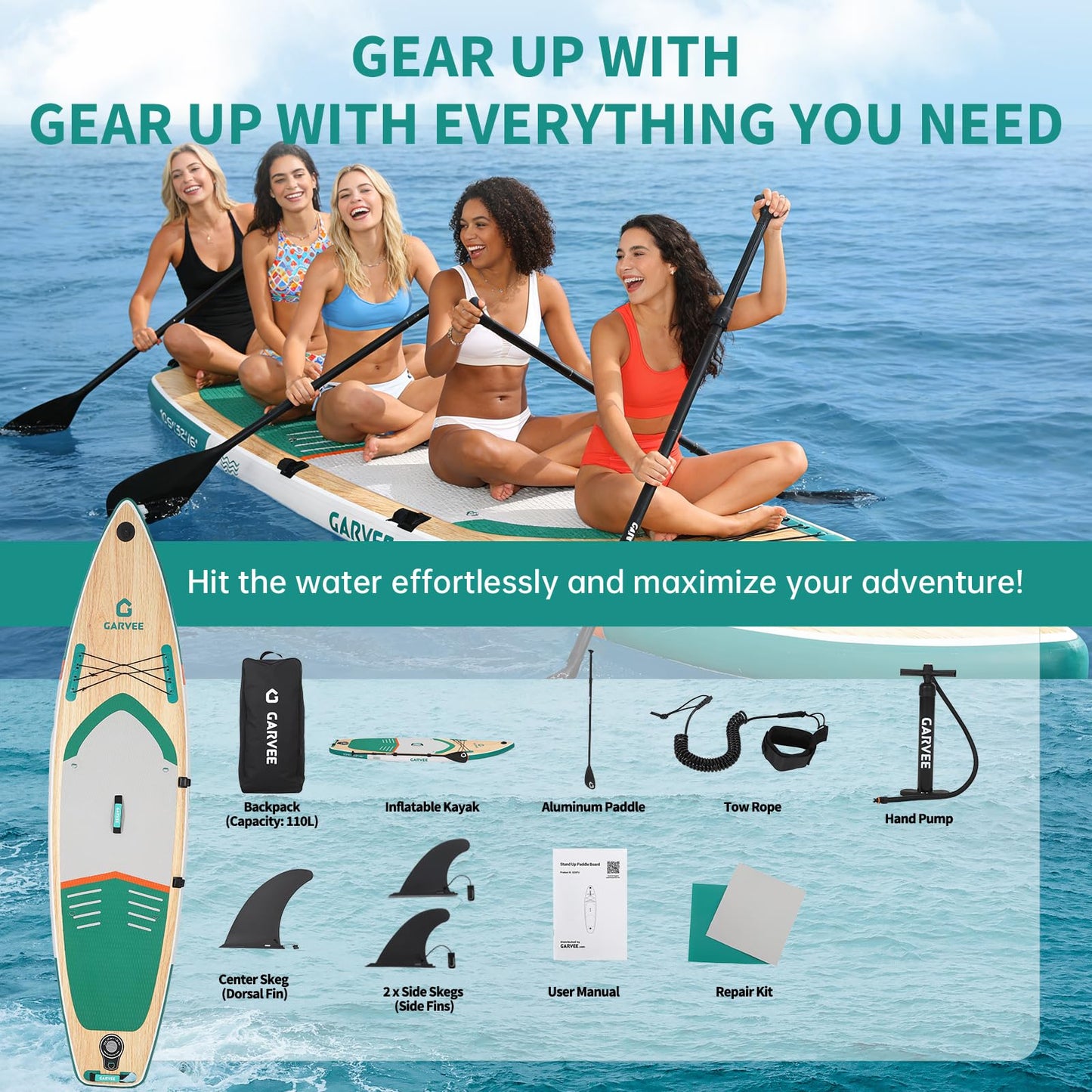 Garvee Inflatable Stand Up Paddle Board, 11' Paddle Boards with Premium SUP Accessories, Non-Slip Deck SUP Paddle Board, Stable Wide Paddleboard for Adults & Youth of All Skill Levels