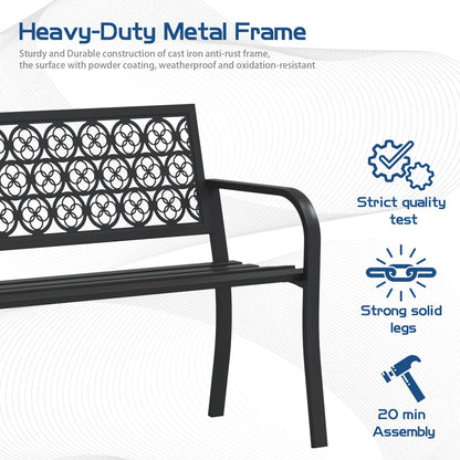 Maemttes 50" Outdoor Bench, Metal Weatherproof Garden Bench Cast Iron Heavy-Duty Patio Bench with Decorative Backrest for Proch Park 880lb Capacity