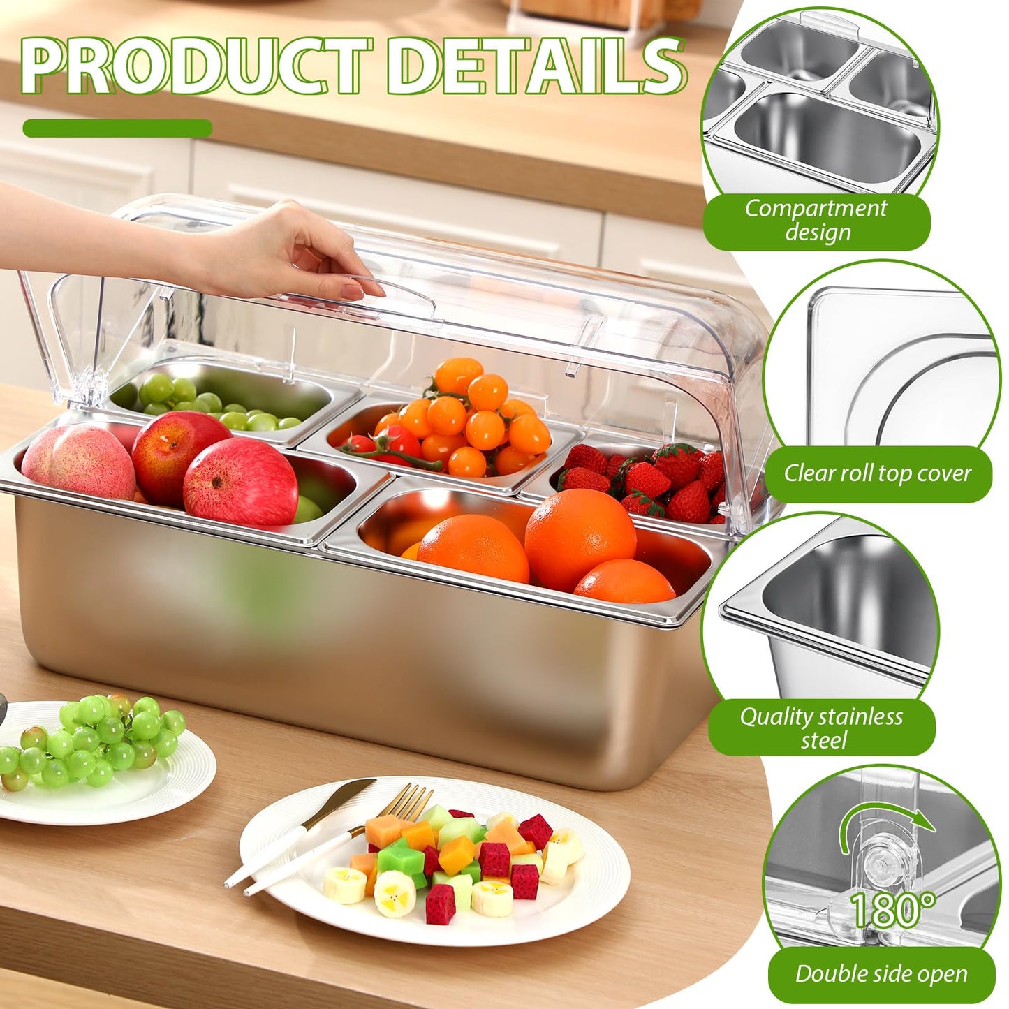 Ziliny Food Serving Display Container 5 Pans Stainless Steel Salad Bar Buffet Station Condiment Dispenser Serving Tray Food Display Rack and Clear Roll Top Cover for Restaurant Hotel Kitchen