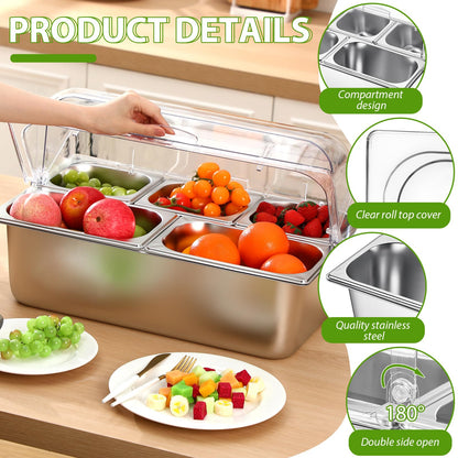 Ziliny Food Serving Display Container 5 Pans Stainless Steel Salad Bar Buffet Station Condiment Dispenser Serving Tray Food Display Rack and Clear Roll Top Cover for Restaurant Hotel Kitchen