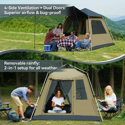 Instant Pop-Up Camping Tent with Removable Sunshade - 3-4 Person Dome Tent with UV Protection & Ventilation, Waterproof Windproof for Beach, Hiking, Outdoor. (Olive)