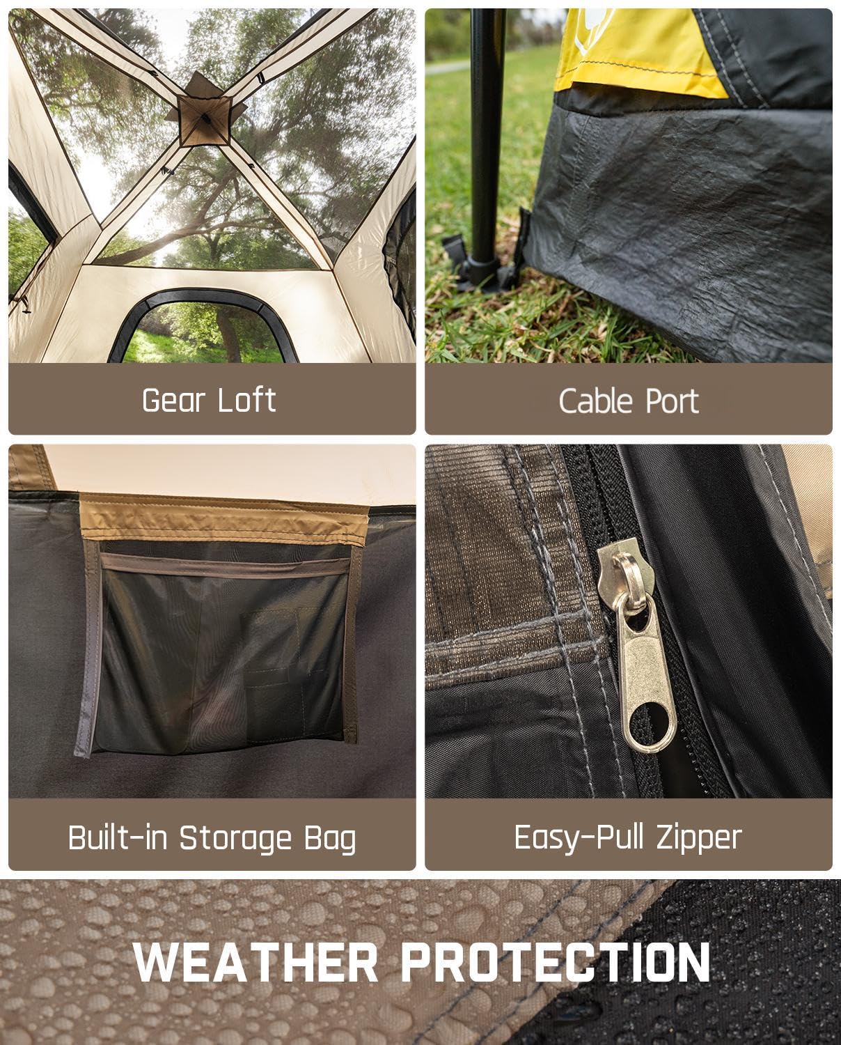 FanttikOutdoor Zeta C6 Pro Camping Tent 6 Person Instant Cabin Tent Setup in 60 Seconds with Rainfly & Windproof Portable with Carry Bag for Family Camping & Hiking, Khaki