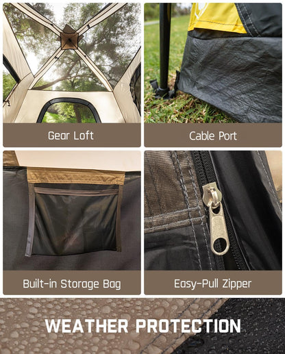 FanttikOutdoor Zeta C6 Pro Camping Tent 6 Person Instant Cabin Tent Setup in 60 Seconds with Rainfly & Windproof Portable with Carry Bag for Family Camping & Hiking, Khaki