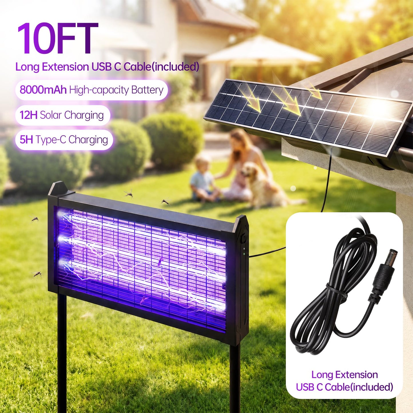 4500V Solar Bug Zapper Outdoor, Mosquito Zapper with Extension Cord, Waterproof Electric Fly Zapper Indoor/Outdoor for Patio, Yard, Home, Garden, Camping