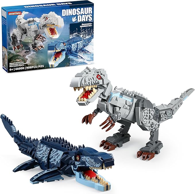 Dual Dinosaur Building Sets - Indominus Rex &amp Mosasaurus Dinosaur Toys with Poseable Joints STEM Educational Toys for Kids Ages 6-12 Creative Birthday Gifts for Boys and Girls