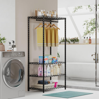 ecobedding Heavy Duty Garment Rack, 900LBS Max Load Freestanding Closet Organizer with 6 Storage Shelves & 3 Adjustable Hanging Rods, Multifunctional (Black, 15.75" D x (69.7~88.2)" W x 79.5" H)