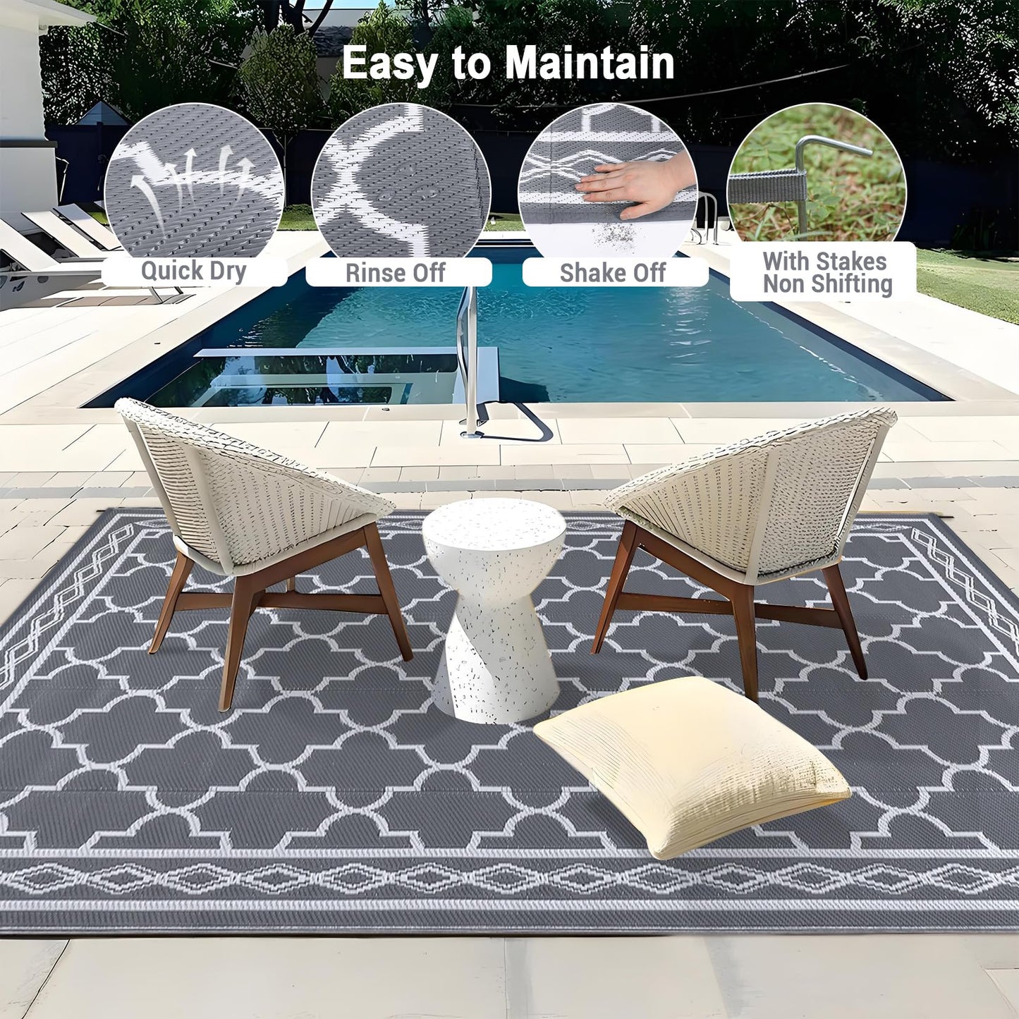 Garvee Outdoor Rug 10'x20' for Patios Clearance, Reversible Outdoor Plastic Straw Waterproof Camping Carpet, Large Area Rugs Patio Mats for Outside RV, Camper, Deck, Porch, Beach, Picnic (Grey/White)