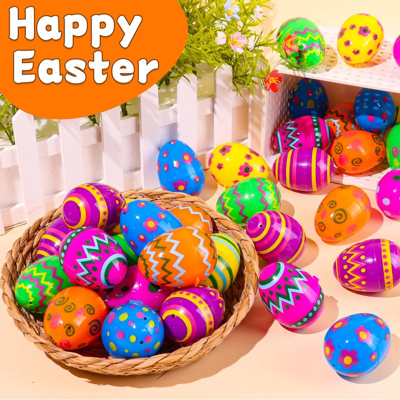 NAWITDA 24 Pack 2.4 Inch Plastic Printed Easter Eggs, Empty Fillable Eggs Bulk for Easter Egg Hunt, Easter Basket Stuffers Fillers, Classroom Prize Supplies, Filling Treats and Party Favors