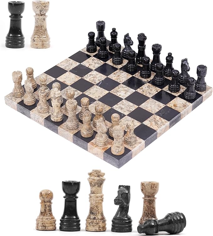 Marble Chess Set 10 Inch Black &amp Coral Handmade Stone Chess Board Game with 32 Pieces &amp 2 Extra Queens Travel Chess Set for Adults Decorative Classic Strategy Game