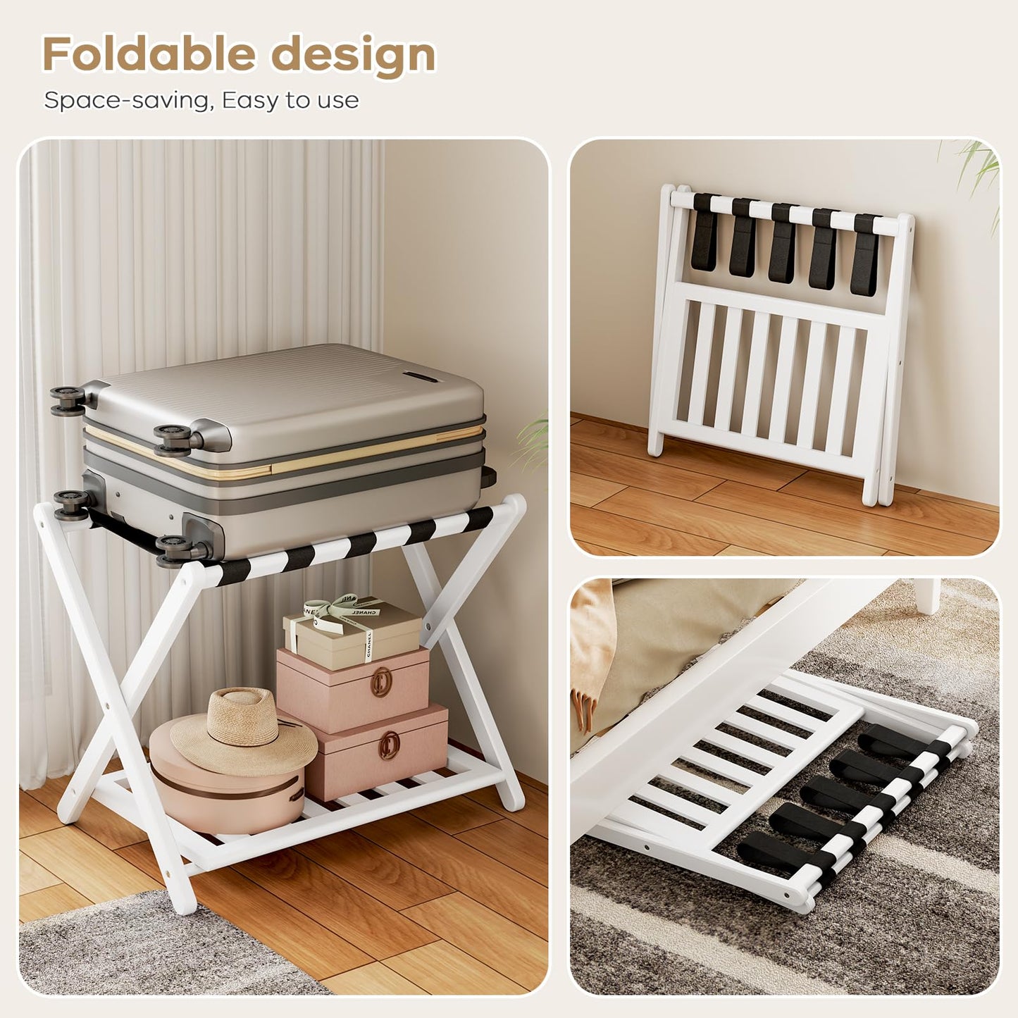 Oakvora Luggage Rack for Guest Room - Set of 2 Full Assembled 26.77" L Luggage Rack Stand for Suitcases, Foldable Luggage Holder with Shoe Shelf for Bedroom, Hotel (White Bamboo Suitcase Stands)