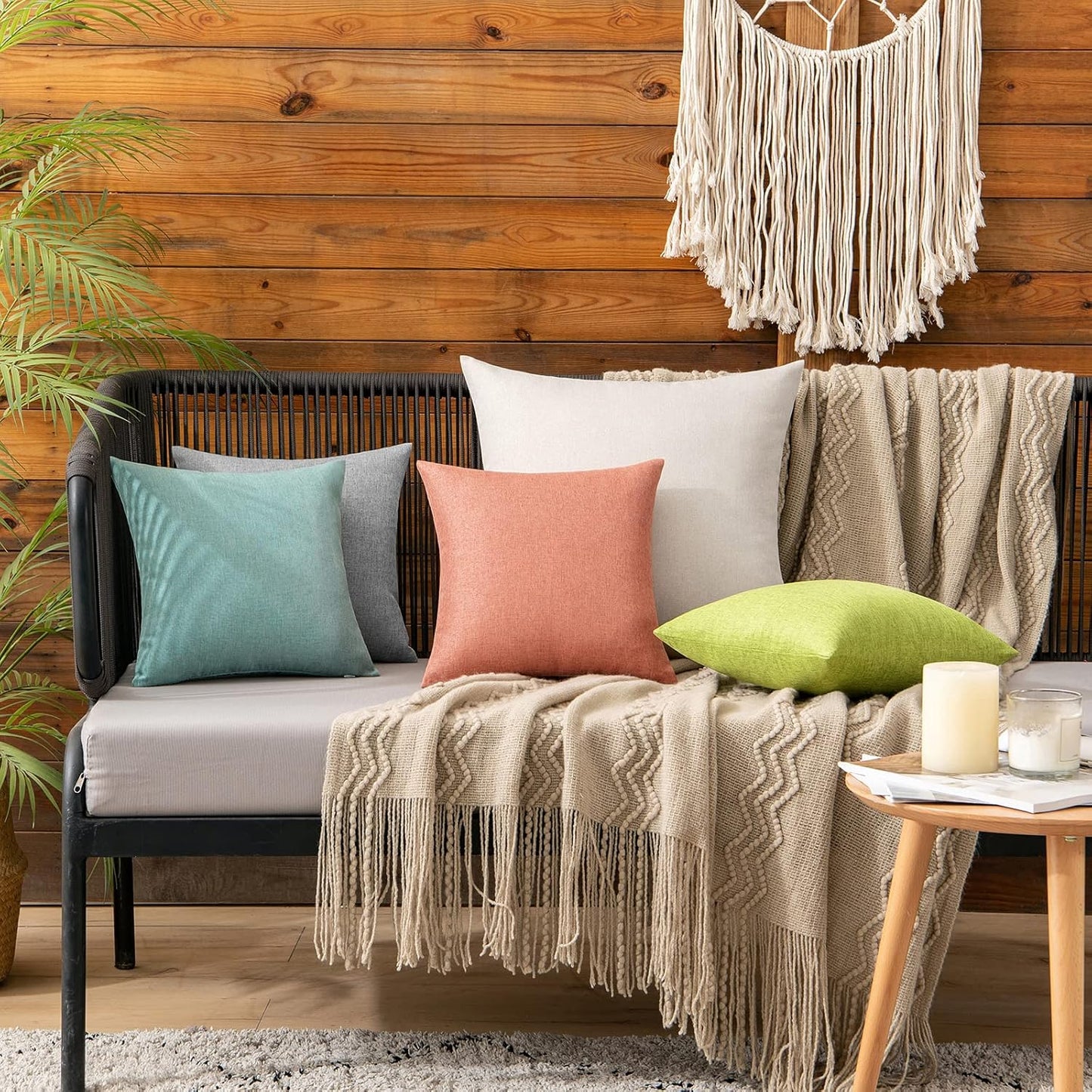 MIULEE Decorative Outdoor Throw Pillow Covers - Waterproof Faux Linen Cushion Cases | 12x12 Inch Coral Red (Pack of 2)