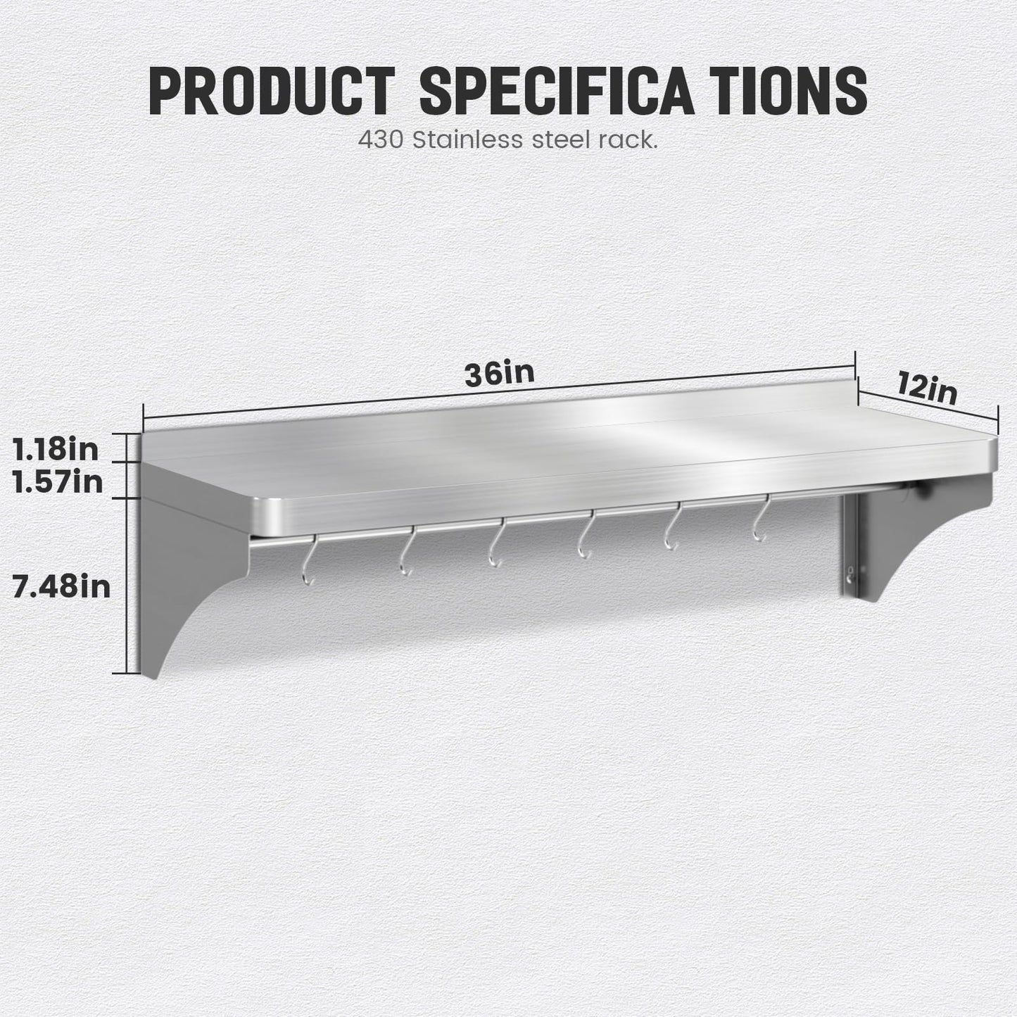 VENFAN Commercial Stainless Steel Shelf 36" x 12" - 250lb Load Capacity, Heavy Duty Stainless Steel Wall Mounted Kitchen Shelf with Backsplash & 6 Hooks for Restaurant, Laundry