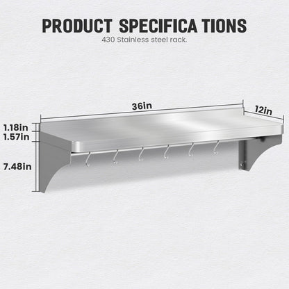 VENFAN Commercial Stainless Steel Shelf 36" x 12" - 250lb Load Capacity, Heavy Duty Stainless Steel Wall Mounted Kitchen Shelf with Backsplash & 6 Hooks for Restaurant, Laundry