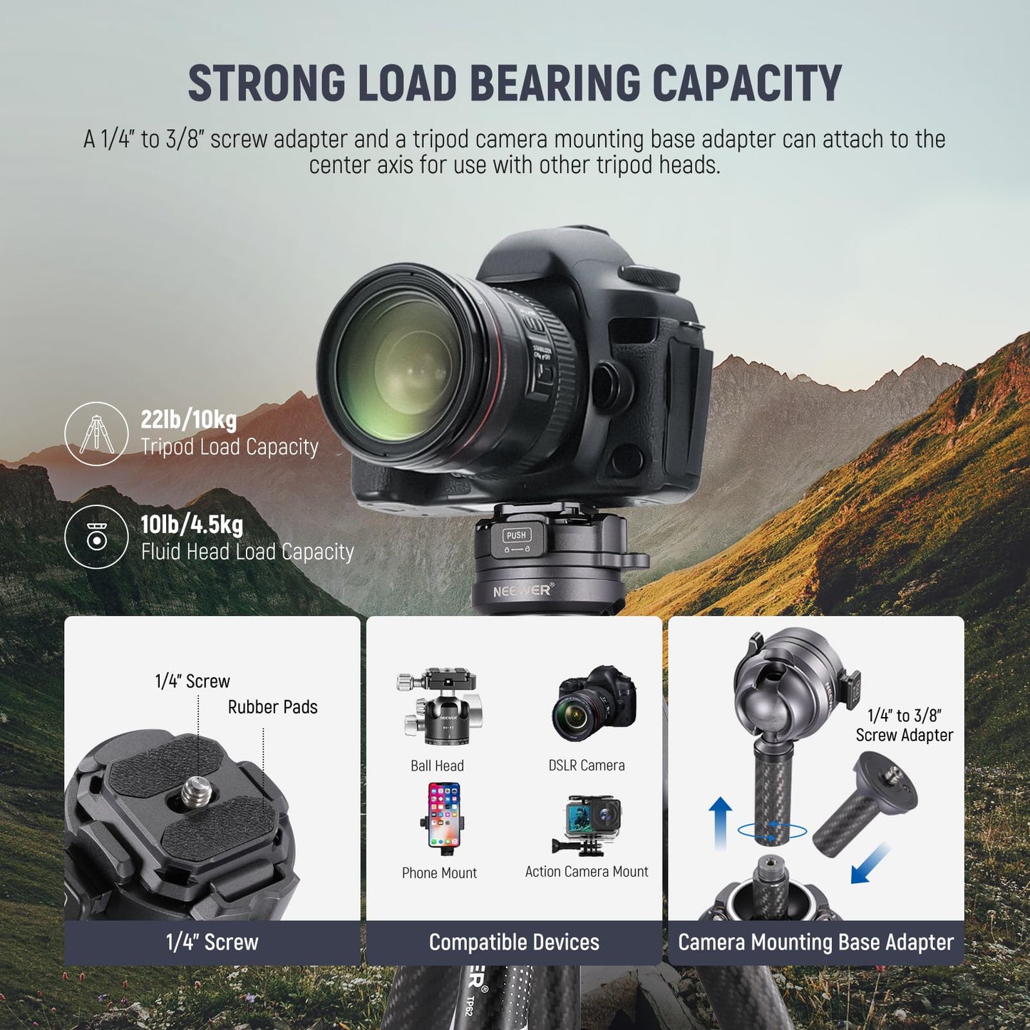 NEEWER LITETRIP LT32 Camera Travel Tripod, Carbon Fiber Portable Stand, Ball Head Detachable Center Axis Flip Buckle Cleaning Cloth Arca QR Plate Compatible with PD (Former TP62)