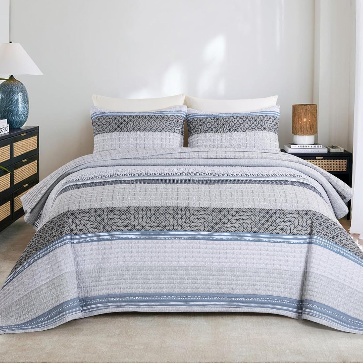 HOMBYS Stripe Oversized King Quilt Sets 128"x120", 3 Pieces Bedspread Set White and Light Blue Patchwork Coverlet, Soft and Lightweight Quilted Bedding Set for All Season-1 Quilt & 2 Pillow Shams