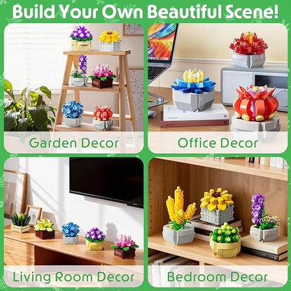 12 Succulents Building Set for Adults &amp Kids 10+ – Botanical Collection Artificial Plants with Pots Easter Birthday for Women Home Office Decor Relaxing DIY Kit(1174 PCS)