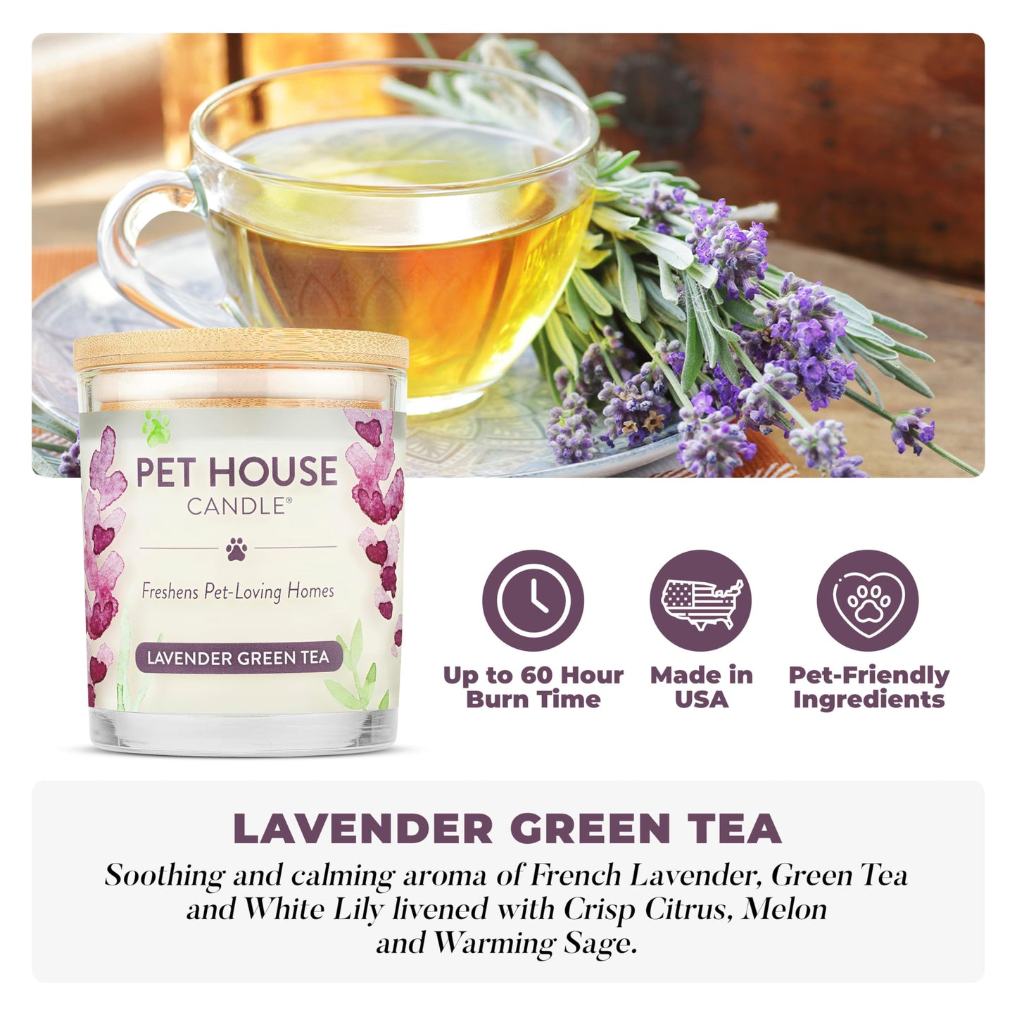 Pet House Lavender Candle Clean Burning, Long Lasting Pet Odor Candle for Home - Lavender Green Tea