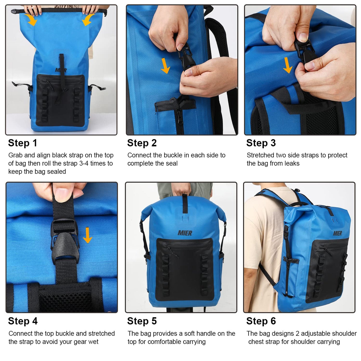 MIER Dry Bag Waterproof Backpack 30L Dry Sack Heavy Duty Roll-Top Closure for Kayaking, Beach, Boating, Swimming, Surfing, Blue
