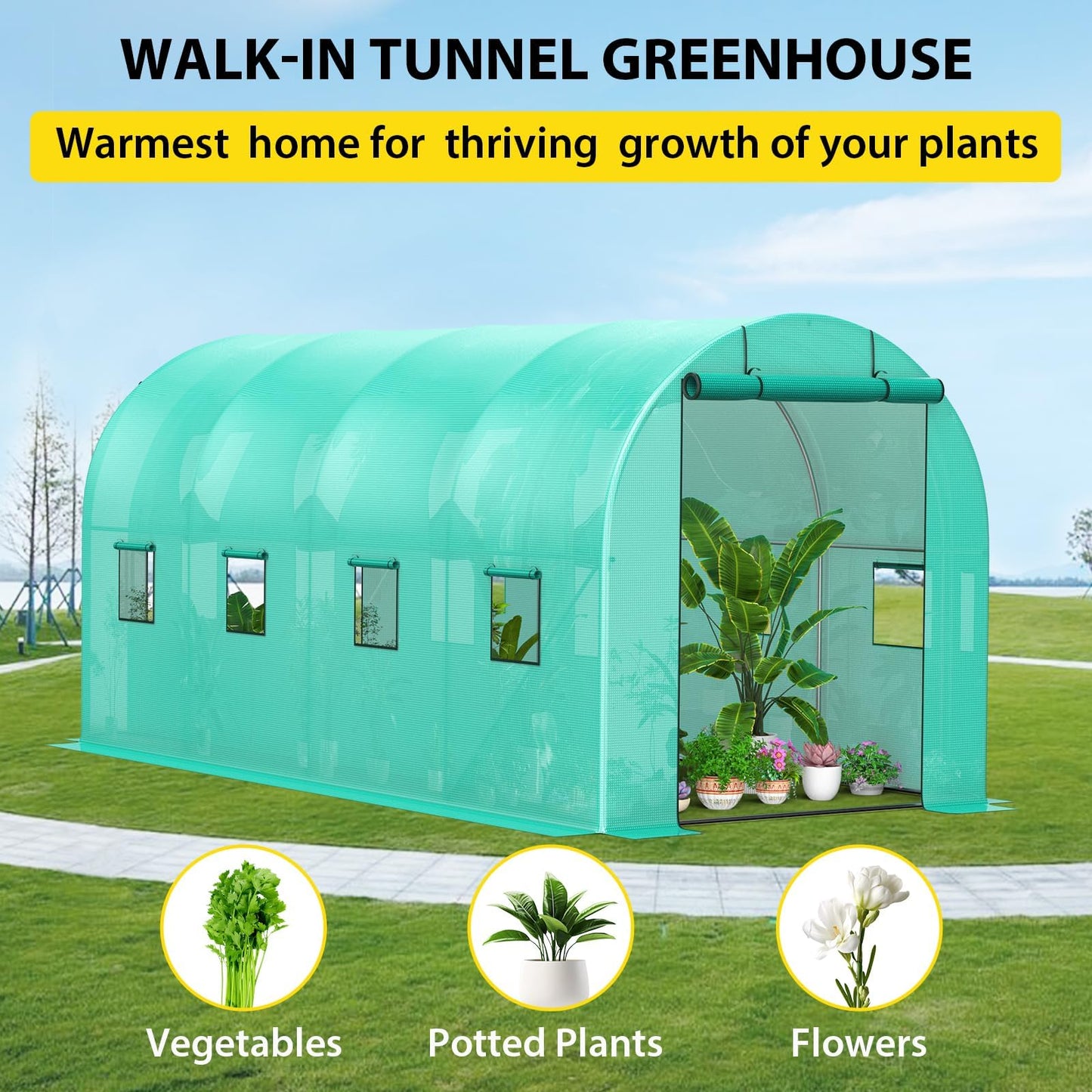 7*15*7FT Walk-in Greenhouse, Portable Walking in Tunnel Tent, Walking in Tunnel Tent with Galvanized Pipe, 2 Roller Zippered Door & 8 Screen Windows, Greenhouses for Outdoors (Bottom widening Design)