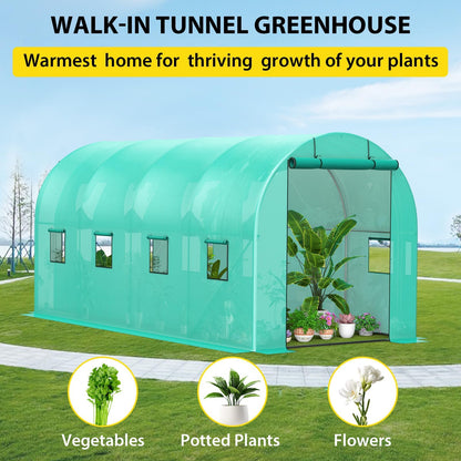 7*15*7FT Walk-in Greenhouse, Portable Walking in Tunnel Tent, Walking in Tunnel Tent with Galvanized Pipe, 2 Roller Zippered Door & 8 Screen Windows, Greenhouses for Outdoors (Bottom widening Design)