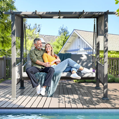 Pamapic 3-Seat Porch Swing with Stand, 990 LBS 2 in 1 Convertible Bed Patio Swings with Canopy Adjustable, Wicker Side Panel Swing Chair Outdoor with Cushion for Backyard, Porch, Garden (Gray)