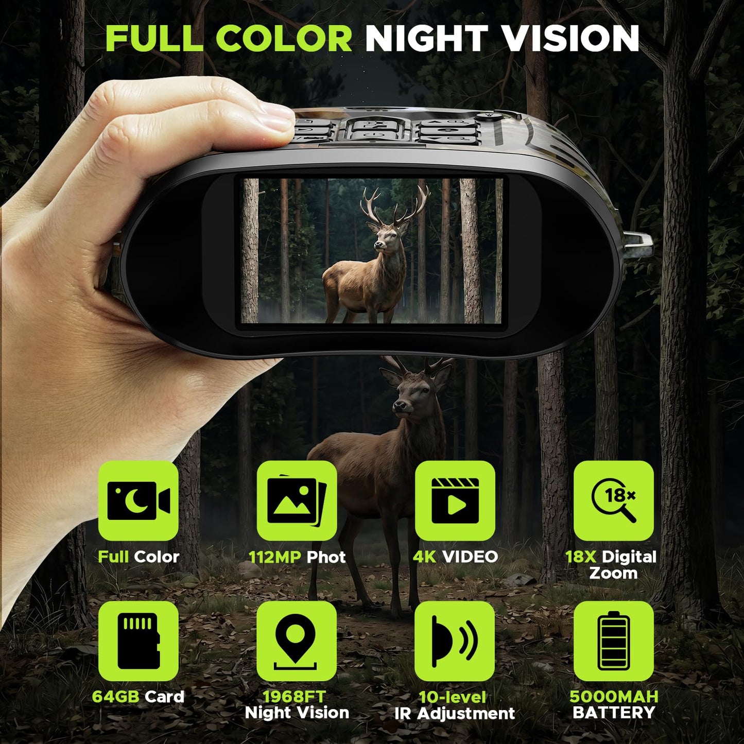 HOTPEAK Night Vision Goggles 4K 112MP, 18X Zoom Infrared Binoculars with 5000mAh Long Battery Life, 1968ft Range, 64GB Card Included, Full Color Night Vision for Hunting Camping Security Surveillance