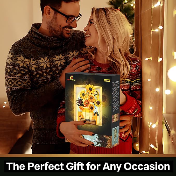 JMBricklayer Flowers Sunflower Building Sets for Adult with Lights 70004 Van Gogh Wall Art Crafts Ideas Flower Bouquet Painting Frame Room Decor Valentine’s Day Birthday Gifts for Women Girl