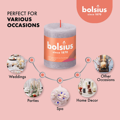 BOLSIUS 4 Pack Frosted Lavender Rustic Pillar Candles - 2.75 X 3.25 inches - Premium European Quality - Includes Natural Plant-Based Wax - Unscented Dripless Smokeless 35 Hour Party Décor Candles