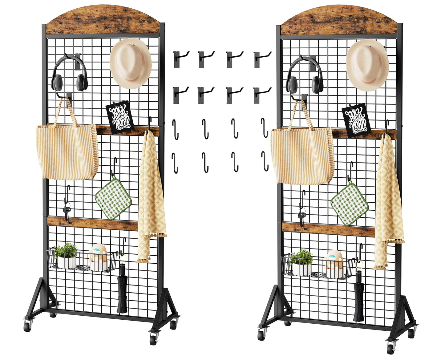 CHOEZON Grid Wall Panel 5.7' x 2' FT Grid Display Rack, 2 Pack Movable Gridwall Display Stand with 8 S-Shaped Hooks and 8 Garment Hooks, Floorstanding Wire Grid Rack, Rustic Brown and Black TCJ17P2BF