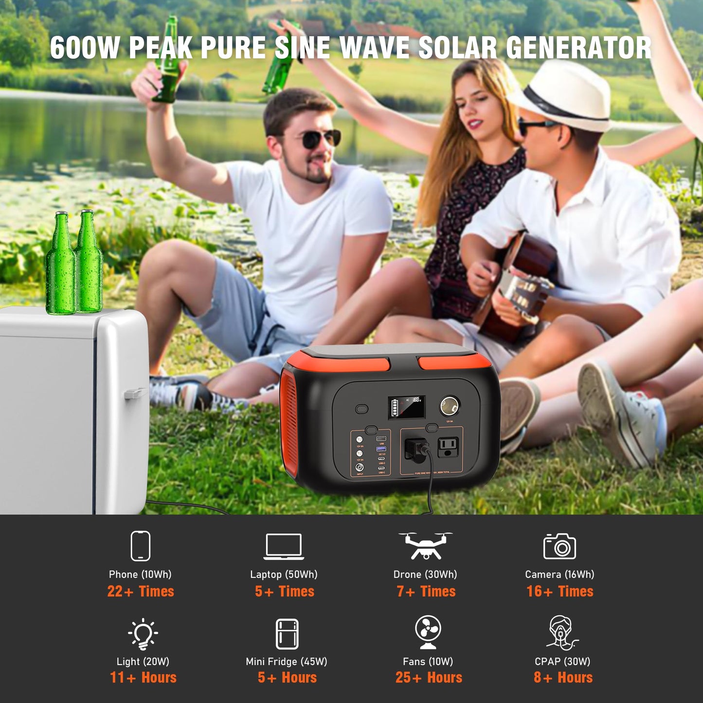 SinKeu Portable Power Station 600W, 296Wh/80000mAh Backup Lithium Battery Pack Bank, 110V Pure Sine Wave AC Outlet Solar Generator for Camping Emergency RV Outdoor Hurricane Supplies
