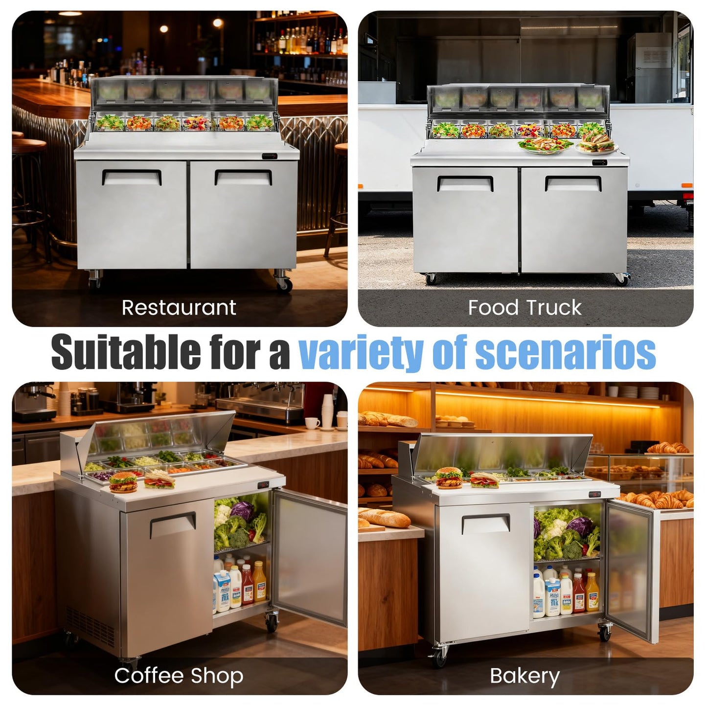 Bluelinecool 48" W Commercial Refrigerator Sandwich Salad Prep Table, Stainless Steel 2-Door Sandwich Prep Table Refrigerator, Counter Fan Cooling Refrigerator with 12 Pans for Restaurant, Bar