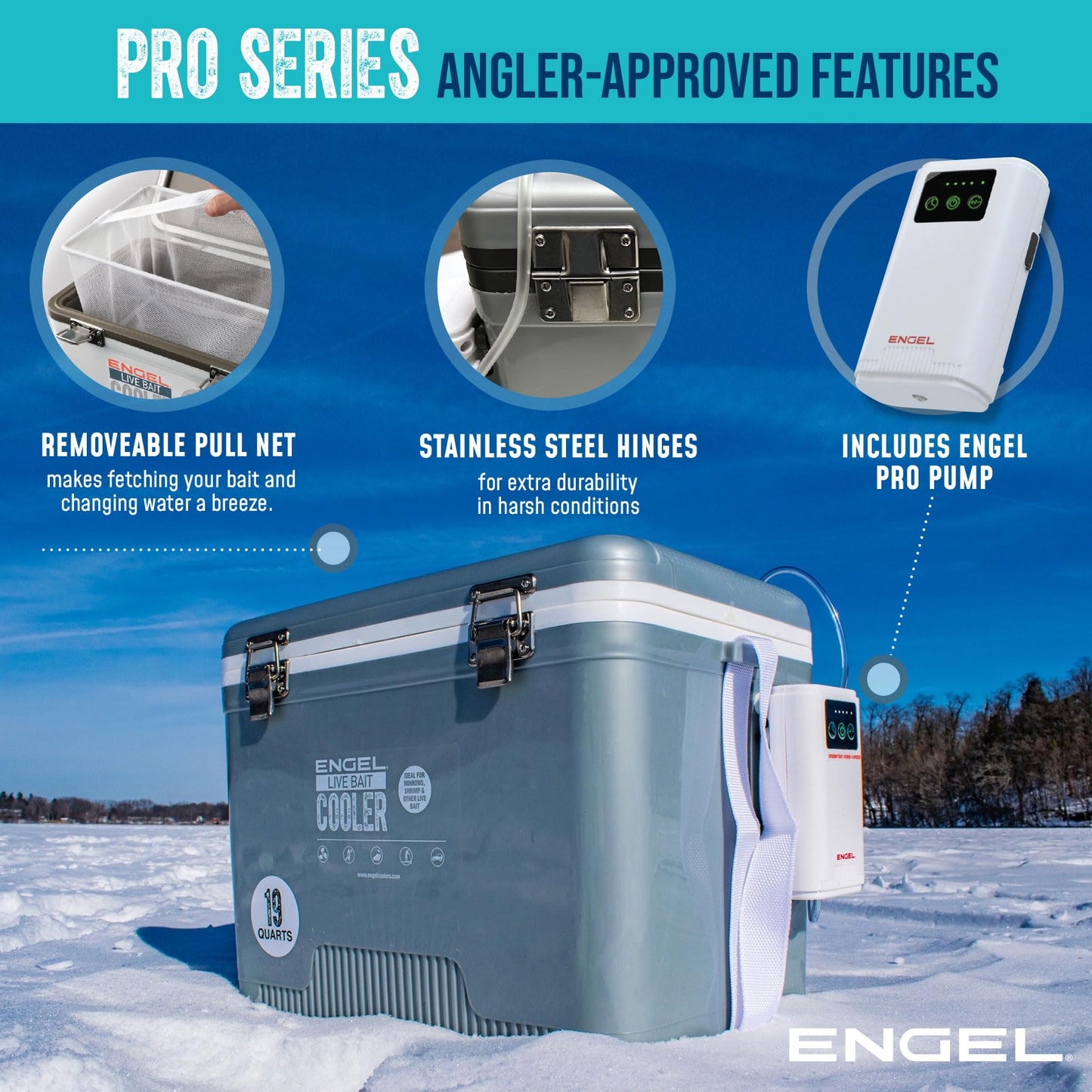 ENGEL 30 Quart Live Bait Cooler PRO for Fishing - Portable Minnow and Bait Bucket with Lithium-Ion Rechargeable Aerator with 4 Rod Holders - Silver (30QT)
