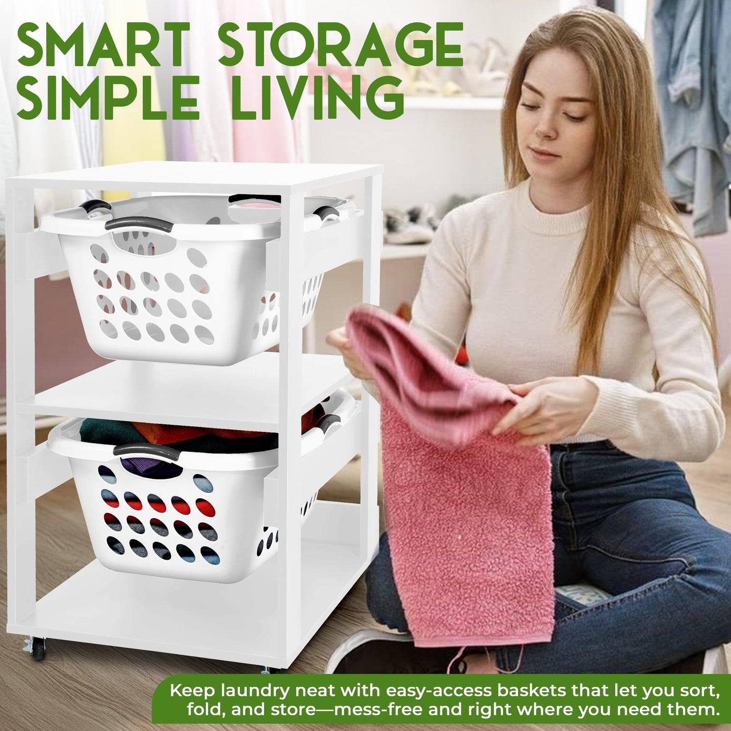 Laundry Basket Holder Shelf – Stackable Engineered Wood Laundry Tower with Wheels, Tiered Laundry Hamper Organizer for Bathroom, Bedroom, Closet (White, 2 Tier)