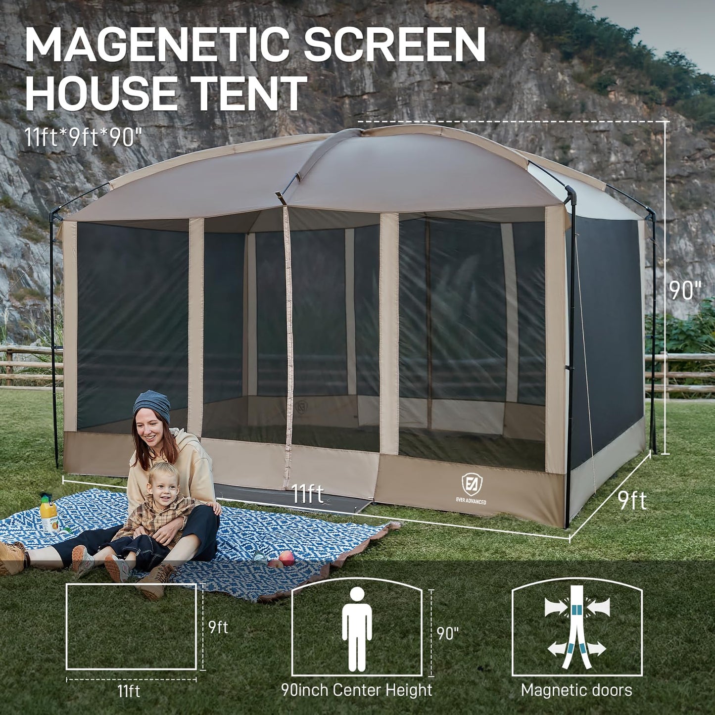 EVER ADVANCED Magnetic Screen House Room 11x9ft, Hands-Free Entry,Screenhouse with Sun Protection for Camping&Picnic, 11x9ftCamping Tent Canopy Shelter with Mesh, Brown