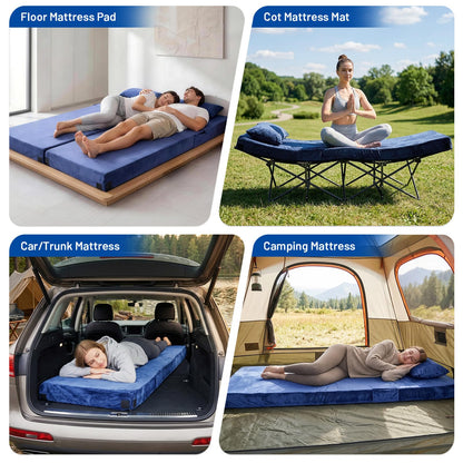 Easthome Twin Memory Foam Camping Mattress Pad with Pillow - Extra Thick 4 Inch Sleeping Pad for Camping, Waterproof Roll Up Mattress Topper for Adults Car Truck Tent Guest Bed, Travel Bag, Navy Blue