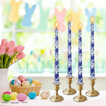 Blue and White Porcelain Taper Candlesticks 10 in Print Taper Candles Unscented Smokeless Handmade Printing Candle Tall Tapered Candle Sticks for Home Dinner Wedding Decor Simple Modern, 4 Pack