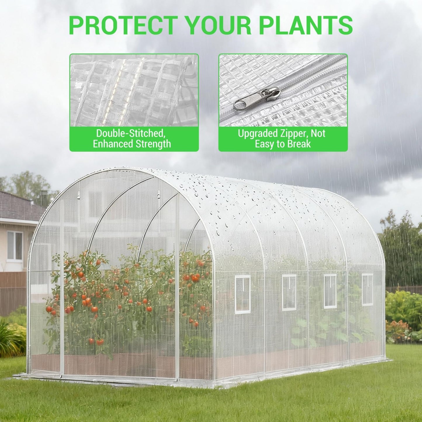 Large Walk-in Tunnel Greenhouse, 15x7x7 ft Heavy Duty Hoop House with 8 Screen Windows & Galvanized Steel Frame, Portable Outdoor Greenhouses for All Seasons White