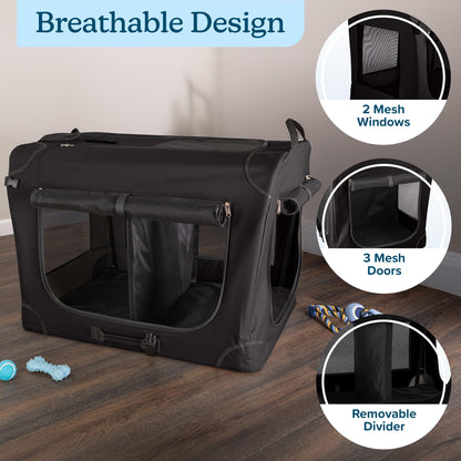 Soft Dog Crate - 32x23.25x23 Collapsible Dog Crate for Medium Pets - Portable Travel Pet Crate with 3 Doors, Mesh Windows, and Removable Divider - Travel Accessories by PETMAKER (Black)