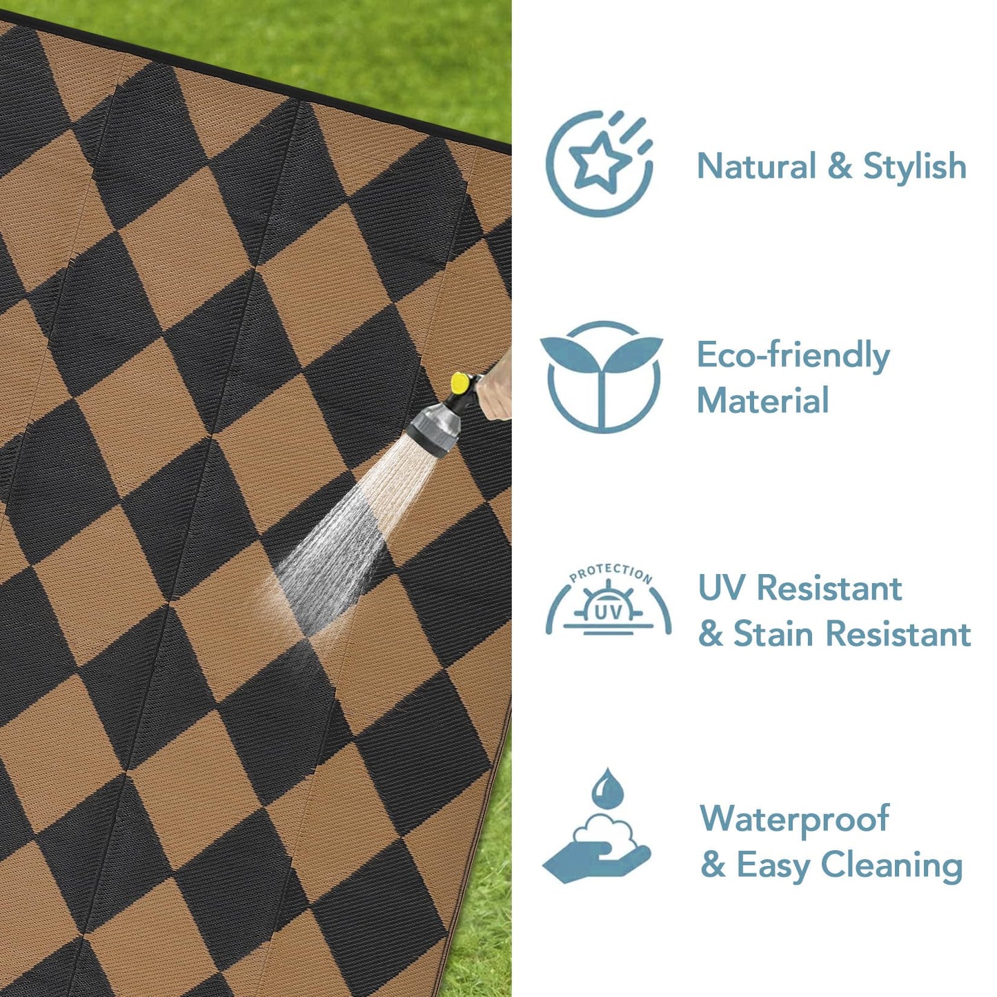 GarveeHome Outdoor Rug 9x18 ft Waterproof Mat Reversible Outdoor Plastic Straw Rug Patio Rug Camping Rug Portable Outdoor Mat for RV Porch Balcony Backyard Picnic Beach Black/Brown Diamond