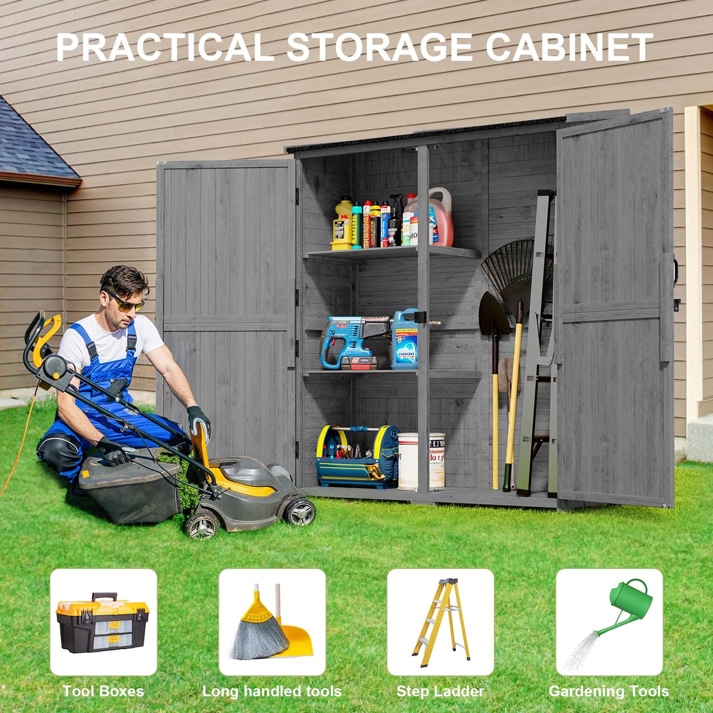 Gizoon Outdoor Storage Cabinet with Waterproof Roof, Double Lockable Doors Garden Shed with 2 Removable Shelves, Wooden Storage Shed with Large Storage Space for Patio, Garden, Backyard, Lawn, Grey