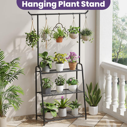Wieghda Metal Plant Stand Indoor Outdoor, 3 Tier Tall Corner Plant Shelf, Hanging Flower Ladder for Living Room, Balcony, Garden, Patio (Black)