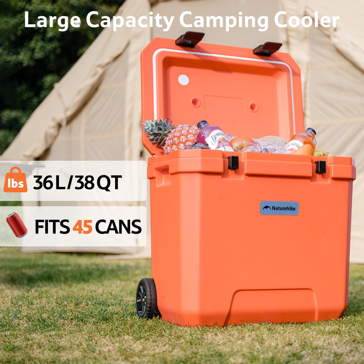 Naturehike 38 QT Wheeled Cooler, 6-Side PU Insulation Ice Chest 153-Hour Ice Retention, Rolling Hard Cooler Holds 45 Cans, 220 lb Seat, All-Terrain Wheels for Camping & Beach